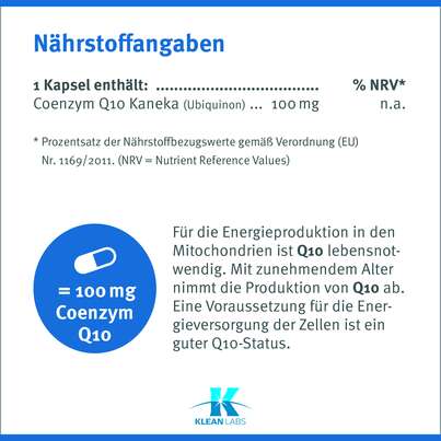 Sie sehen eine Packung Coenzym Q-10 100 mg Klean Labs Kapseln, Produktbild: 08 Coenzym Q-10 100 mg Klean Labs Kapseln, A-Nr.: 5755111 - 08