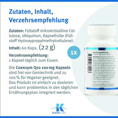 Sie sehen eine Packung Coenzym Q-10 100 mg Klean Labs Kapseln, Produktbild: 09 Coenzym Q-10 100 mg Klean Labs Kapseln, A-Nr.: 5755111 - 09
