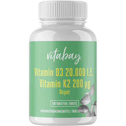 Sie sehen eine Packung Vitabay D3 Depot 20.000 I.E. + Vitamin K2 200 mcg Tabletten, Produktbild: 01 Vitabay D3 Depot 20.000 I.E. + Vitamin K2 200 mcg Tabletten, A-Nr.: 5877736 - 01