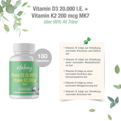 Sie sehen eine Packung Vitabay D3 Depot 20.000 I.E. + Vitamin K2 200 mcg Tabletten, Produktbild: 04 Vitabay D3 Depot 20.000 I.E. + Vitamin K2 200 mcg Tabletten, A-Nr.: 5877736 - 04