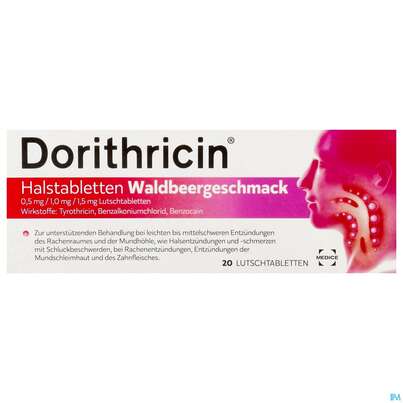 Dorithricin Halstabl Lutschtabl 0,5mg/1,0mg/1,5mg Waldbeergeschmack 20st, A-Nr.: 4962747 - 01