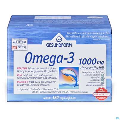 Sie sehen eine Packung Omega -3 Kapseln 1000mg Gesundform 180st, Produktbild: 01 Omega -3 Kapseln 1000mg Gesundform 180st, A-Nr.: 3055042 - 01