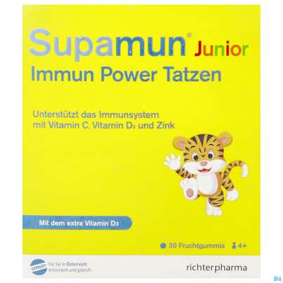 Sie sehen eine Packung Supamun Immun Junior Power Tatzen Fruchtgummi 30st, Produktbild: 01 Supamun Immun Junior Power Tatzen Fruchtgummi 30st, A-Nr.: 5091013 - 01