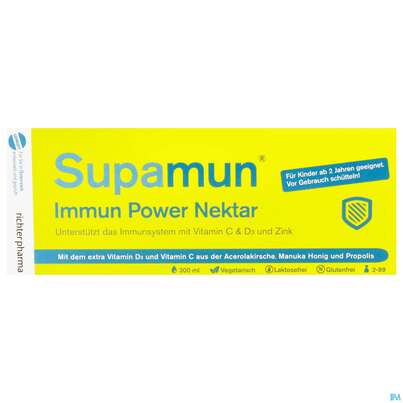 Sie sehen eine Packung Supamun Immun Powernektar Kids 300ml, Produktbild: 01 Supamun Immun Powernektar Kids 300ml, A-Nr.: 5091007 - 01